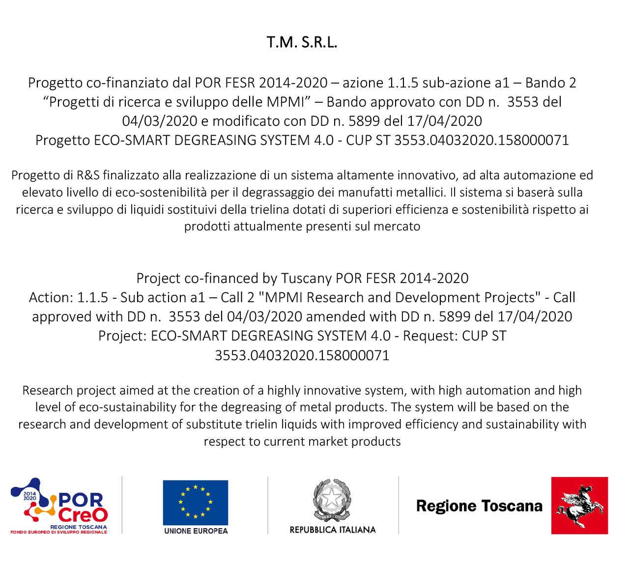 Progetto ECO-SMART DEGREASING SYSTEM 4.0